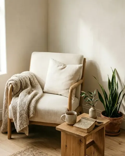 A quiet, lived-in corner of a small home: a linen armchair with an oat throw, a low oak side table with a ceramic mug, and a potted plant in soft morning light