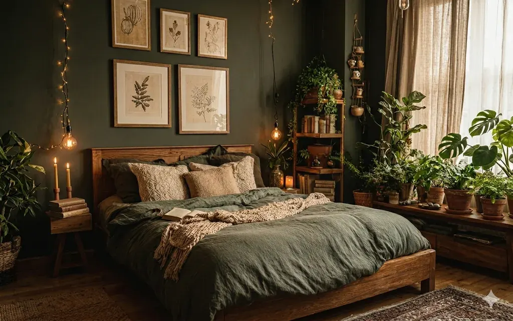 A cosy, dark green botanical bedroom featuring a wooden bed with sage green linen bedding and a chunky knit throw, surrounded by numerous potted plants, ambient string lights, and framed botanical art above the headboard, creating a tranquil, earthy atmos