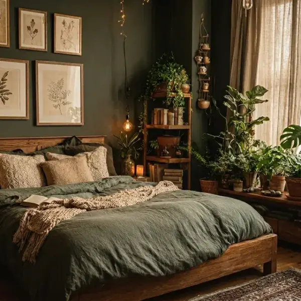 Close-up of a sage green linen duvet, textured beige throw, and patterned cushions on a wooden bed.