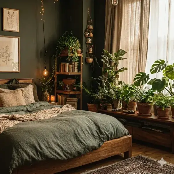 Detail of the sturdy, natural wood bed frame with sage green linen bedding, contrasting with the dark floor.