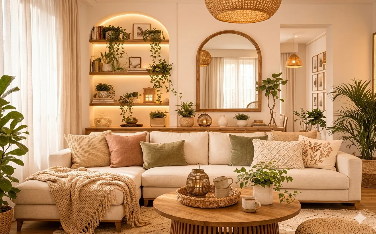 A warm and inviting living room featuring a cream sectional sofa with various textured cushions and a knitted throw, a round wooden coffee table with a woven tray and lantern, an arched mirror over a console table, and illuminated built-in shelves filled 