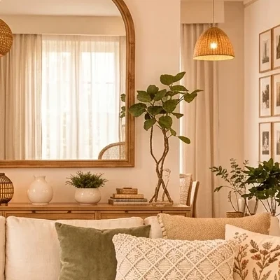 A large arched wooden mirror reflecting a window, situated above a wooden console table adorned with small green plants and white ceramic vases.