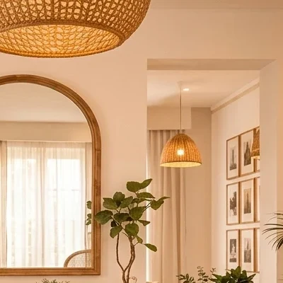 A large, intricately woven rattan pendant light shade hanging from the ceiling, casting a warm glow over the living room.