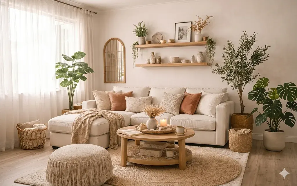 A serene, boho-inspired living room featuring a light beige sectional sofa, layered rugs, a round wooden coffee table with a styled tray, and large faux plants, all bathed in soft natural light.