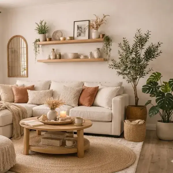 Round wooden coffee table with a styled woven tray, featuring a white vase of dried flowers, a candle, and ceramic mugs, central to a neutral living space.