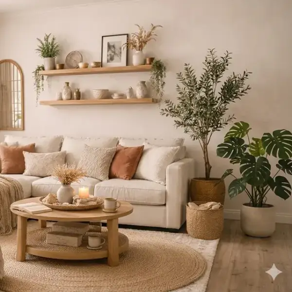 Layered round jute rug beneath a rectangular cream shaggy rug, defining the living room zone with natural textures and warmth on a light wood floor.