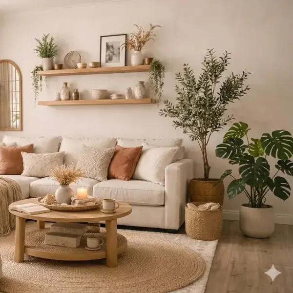 Two large faux plants, a tall olive tree in a woven basket and a leafy monstera in a white pot, bring vibrant greenery to the corner of a neutral living room.