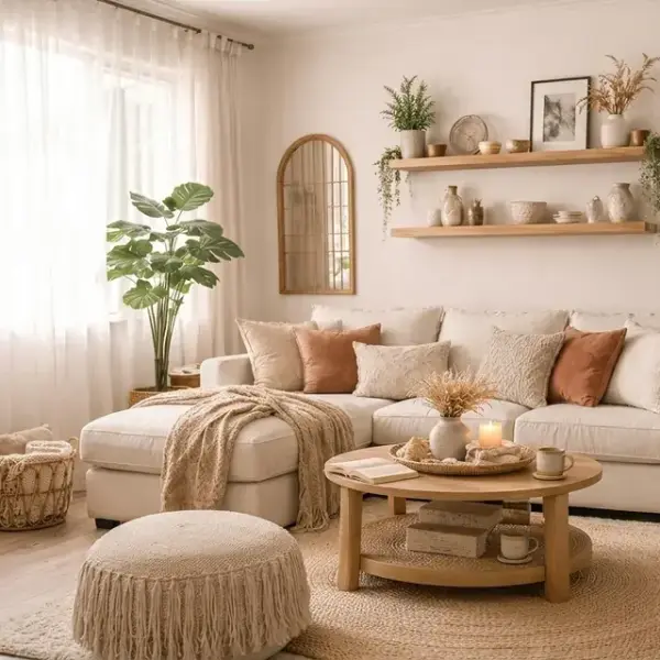 Soft, translucent cream sheer curtains hang from a simple rod, diffusing natural light into a bright living room, enhancing a serene atmosphere.