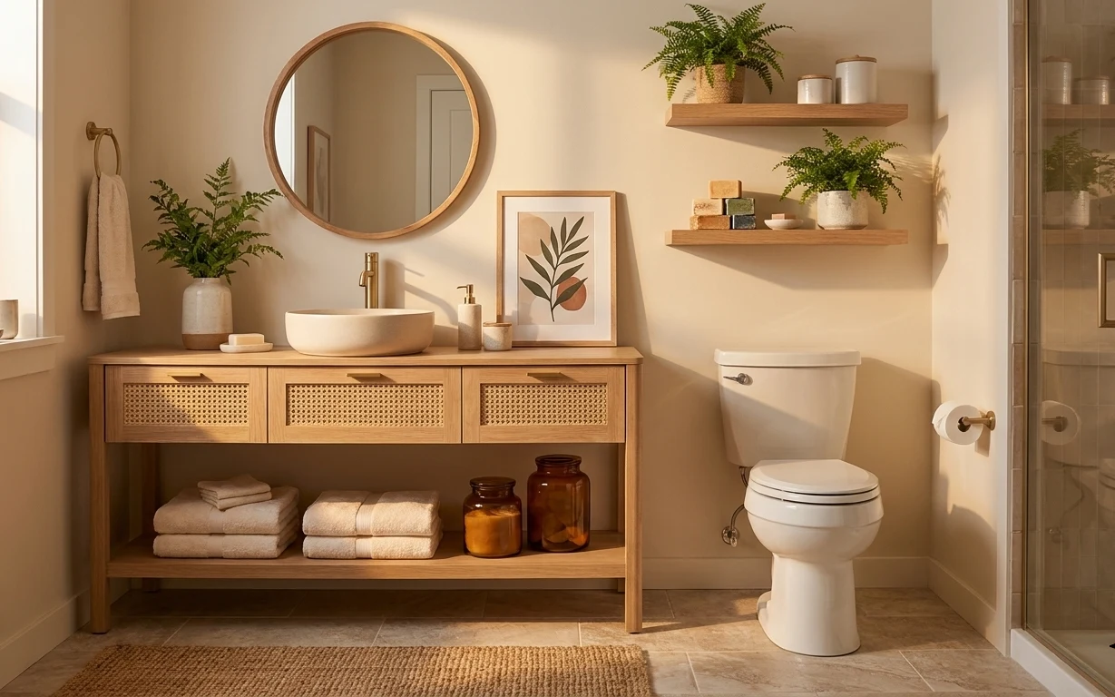 Warm bathroom vanity with round mirror, framed botanical print, potted plants, stacked towels, amber jars, and a small rug