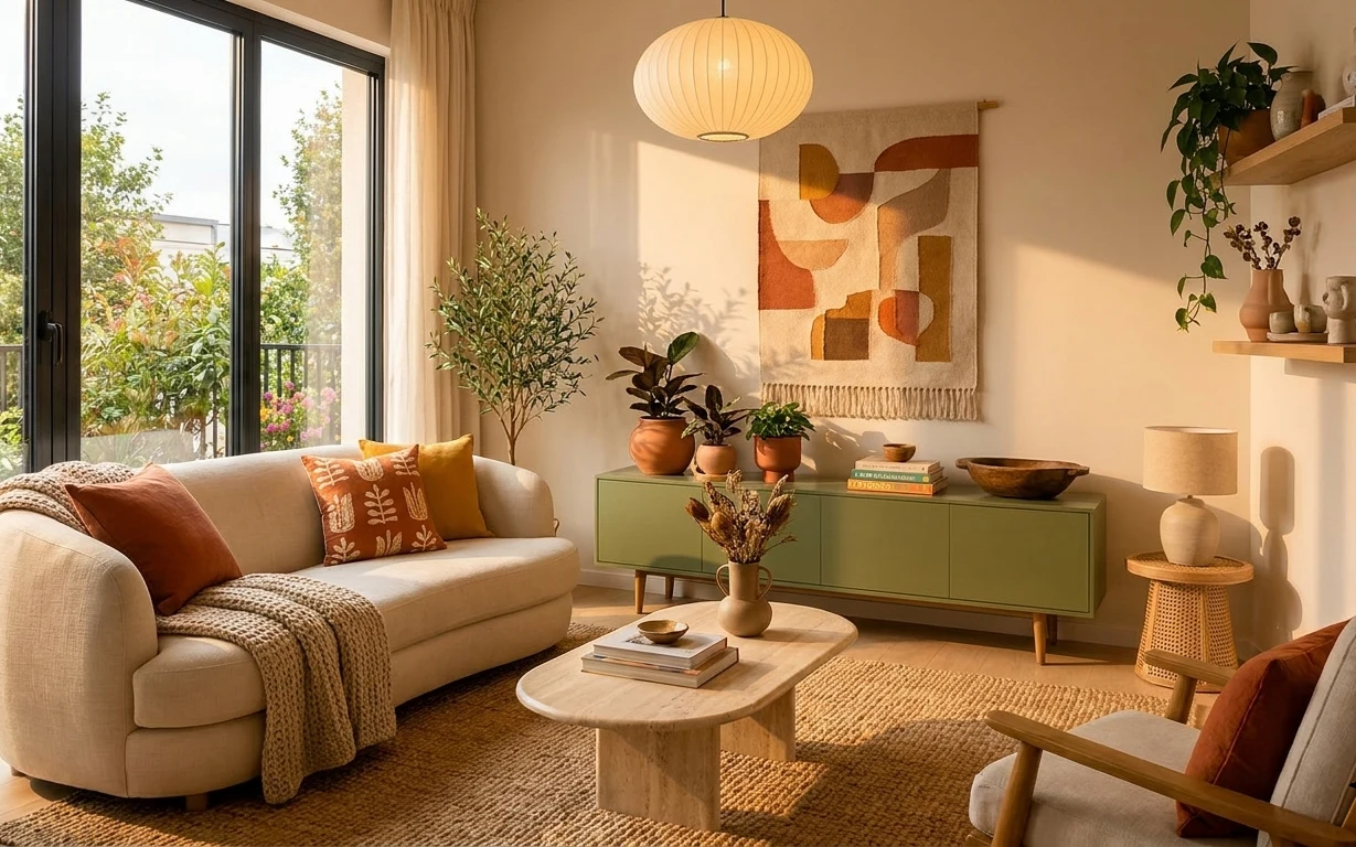 Sunlit boho living room with cream sofa, jute rug, framed abstract art, mint credenza, and terracotta planters