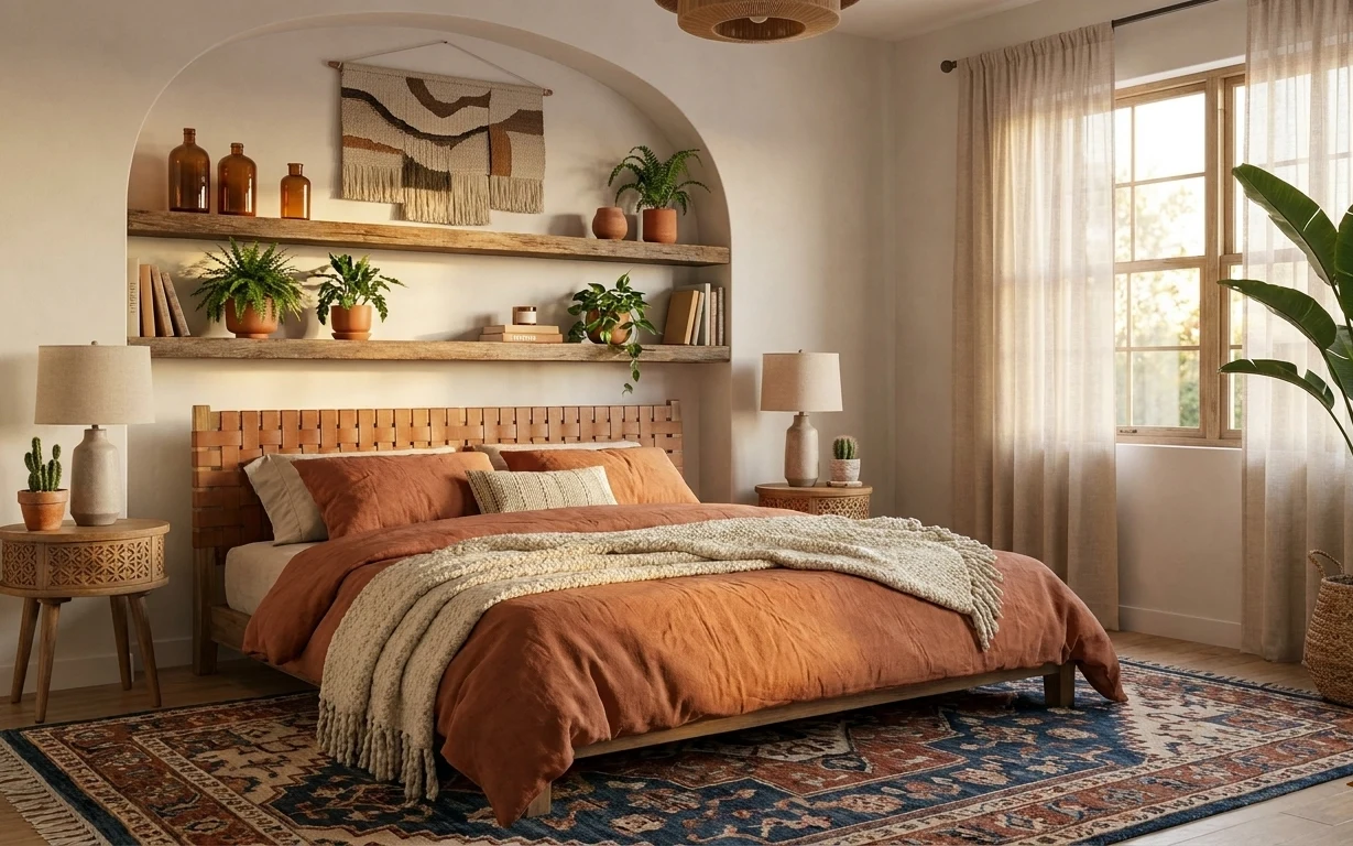 Earthy bedroom with terracotta bedding, cream throw, patterned rug, macramé wall hanging, lamp, and potted palm