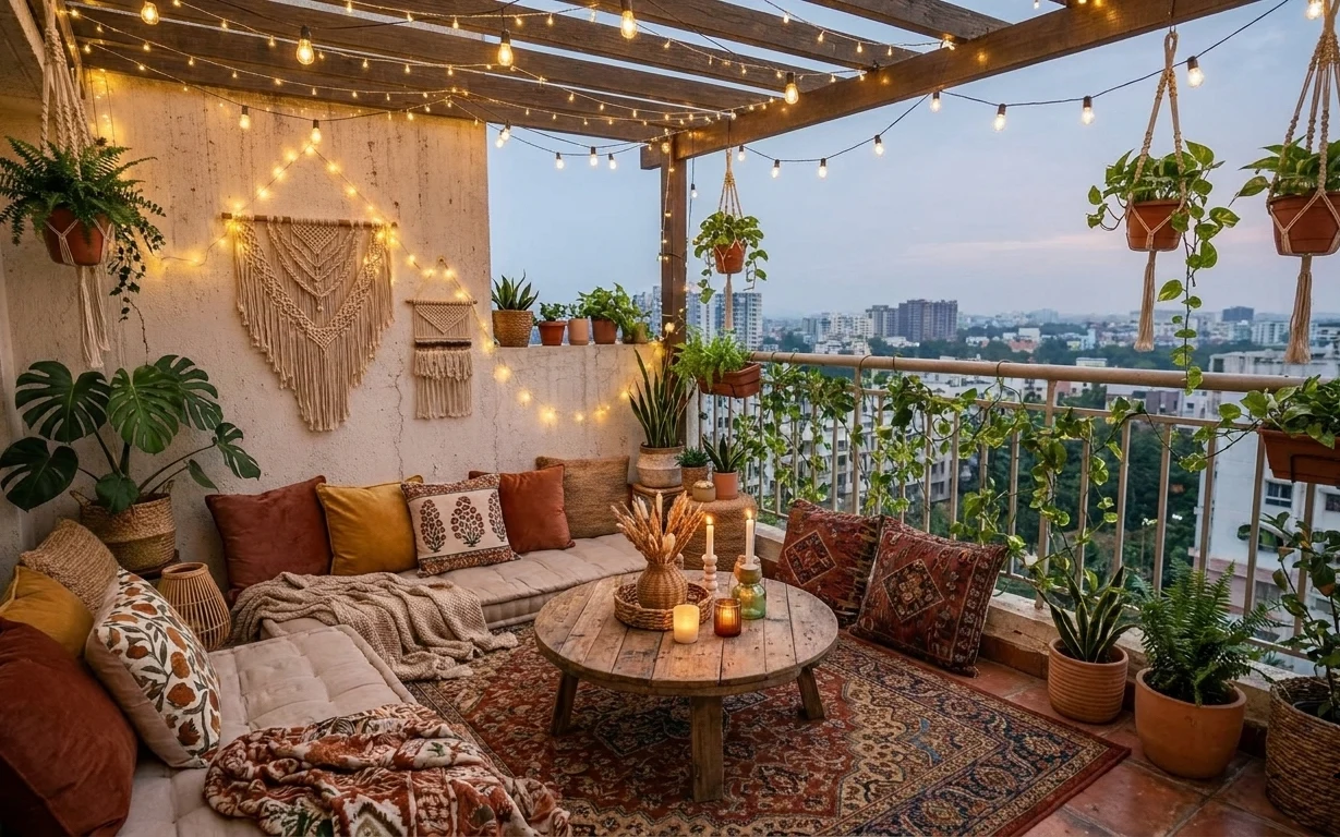 Boho balcony lounge with string lights, patterned rug, sofa cushions, macramé wall hangings, and terracotta hanging planters