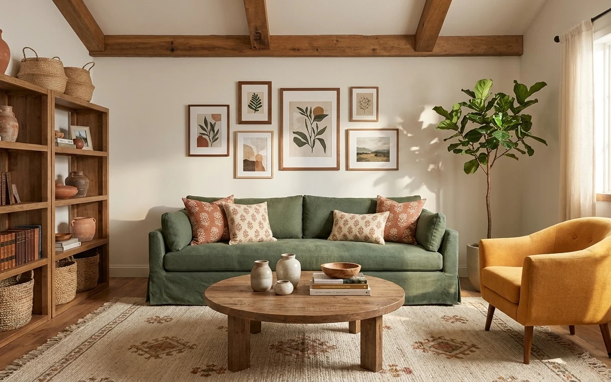 Earthy living room nook with olive sofa, patterned rug, framed botanical prints, tall leafy tree, and beige curtains by the window.