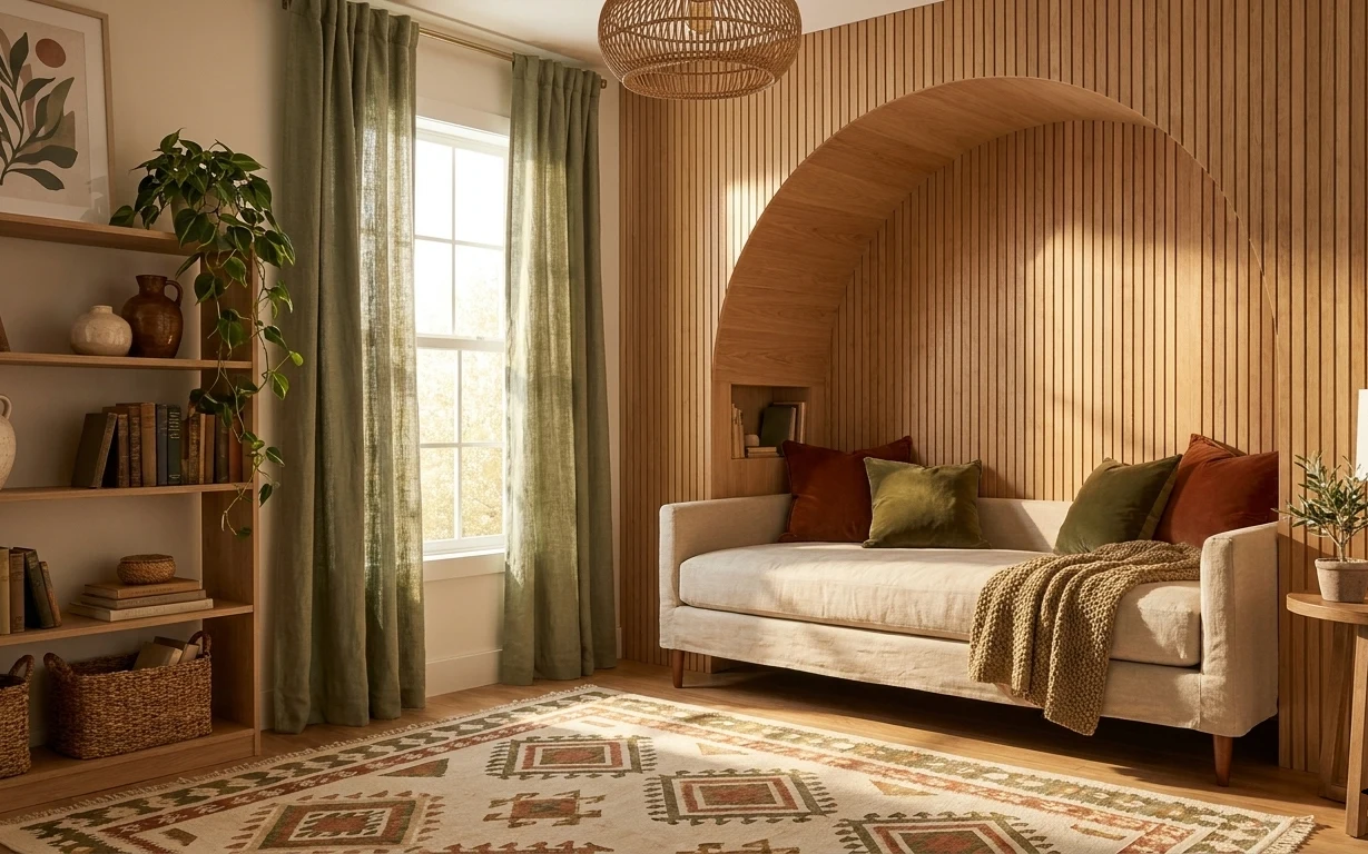 Warm arched bed alcove with olive curtains, patterned rug, beige-shade table lamp, and framed leaf wall art
