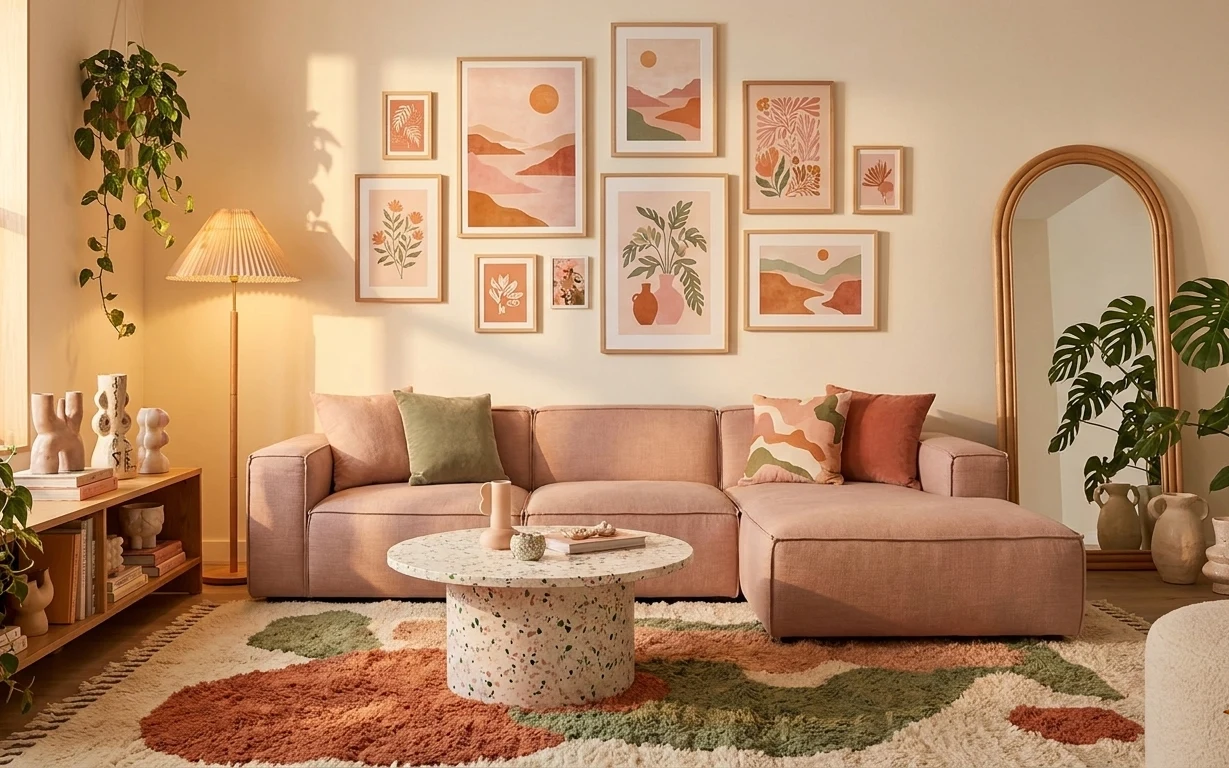 Earthy living room with beige sofa, multi-color rug, round terrazzo coffee table, pleated floor lamp, arched mirror, framed prints, and leafy plants