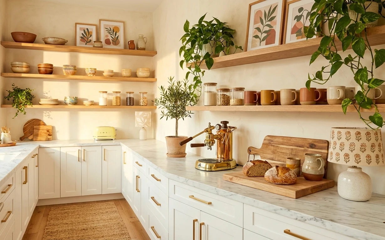 Bright kitchen counter with marble-look surface, open wood shelves, brass faucet, plants, jars, and a wood cutting board