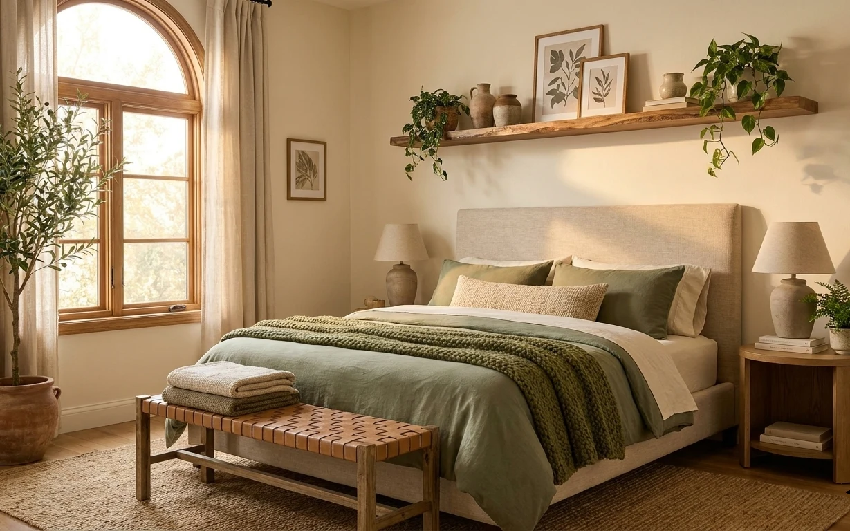 Earthy bedroom with upholstered bed, olive bedding, jute rug, beige curtains, floating shelf with vases and plants